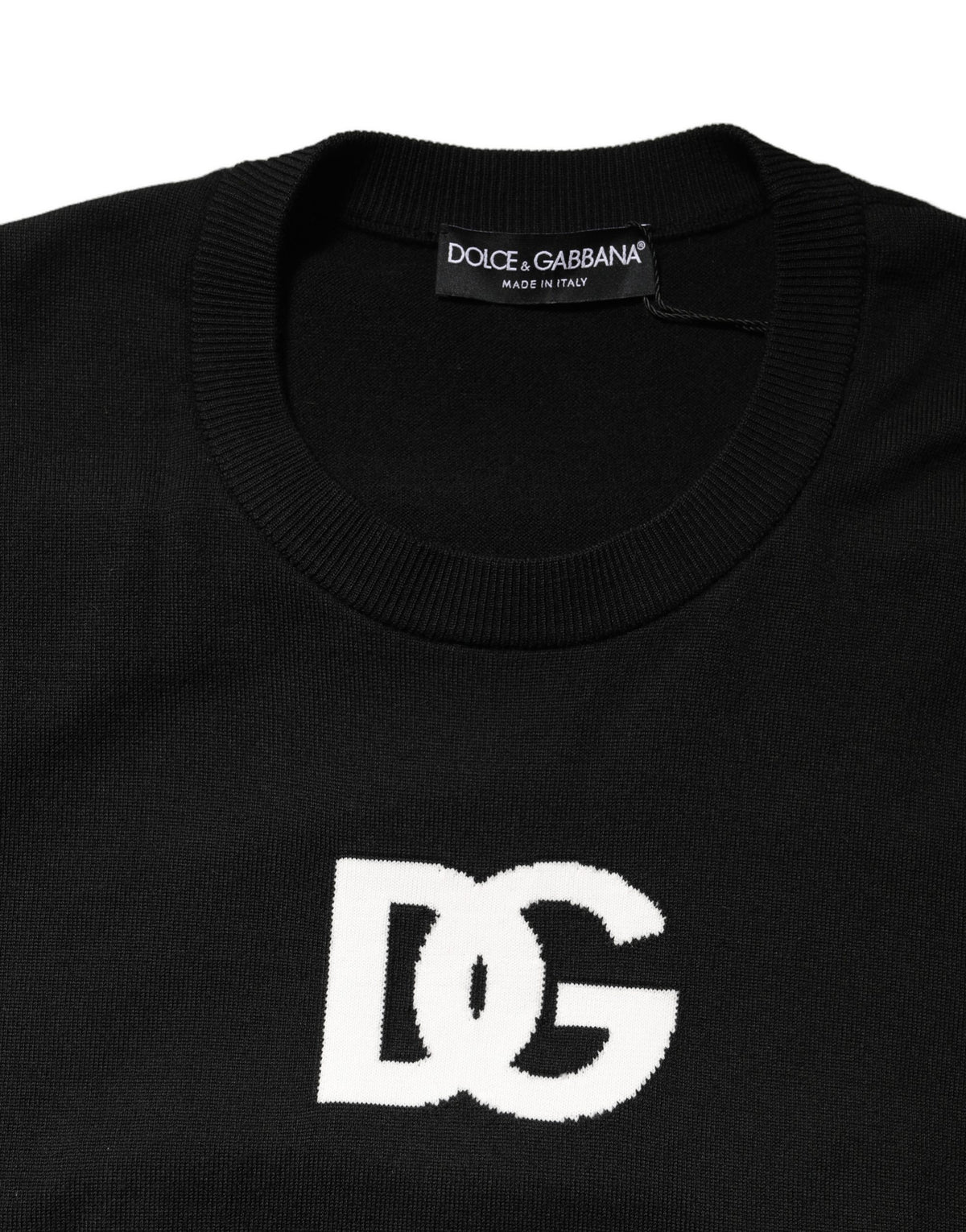 Dolce & Gabbana Schwarzer Wollpullover mit DG-Logo für Herren, Rundhalsausschnitt
