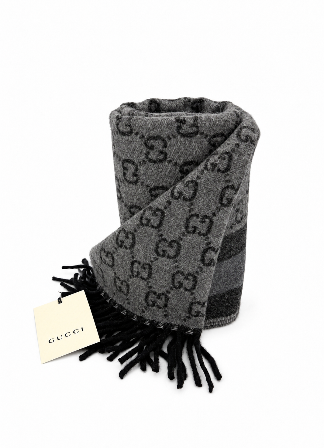 Gucci Monogram Schal aus grauer Wolle mit Fransen