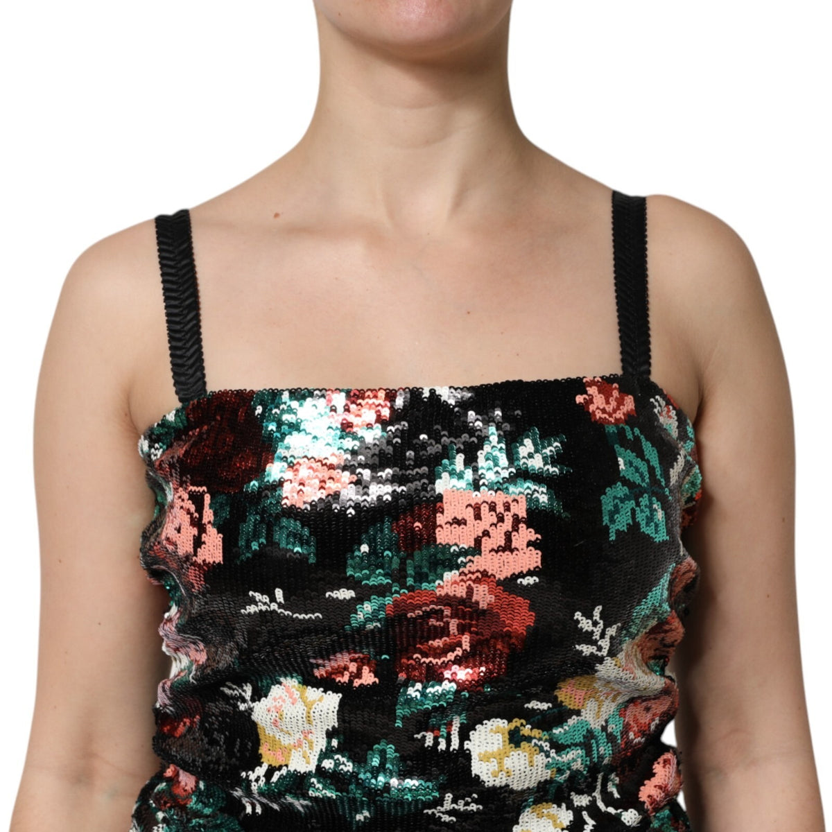 Dolce & Gabbana Schwarzes, geblümtes, ärmelloses Etuikleid mit Pailletten