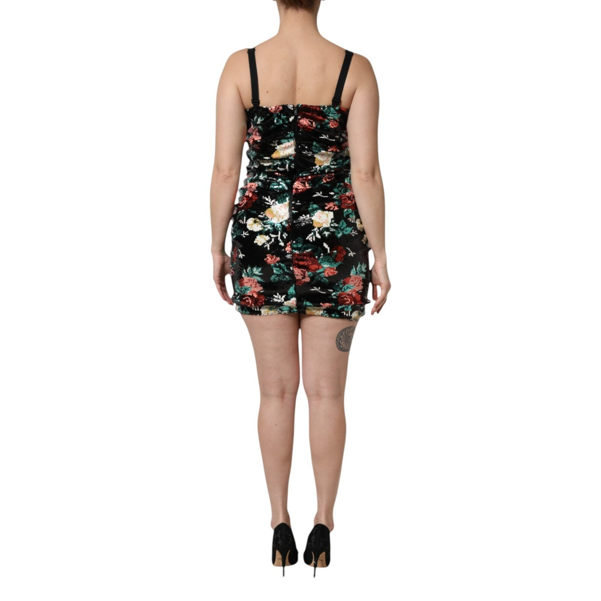 Dolce & Gabbana Schwarzes, geblümtes, ärmelloses Etuikleid mit Pailletten