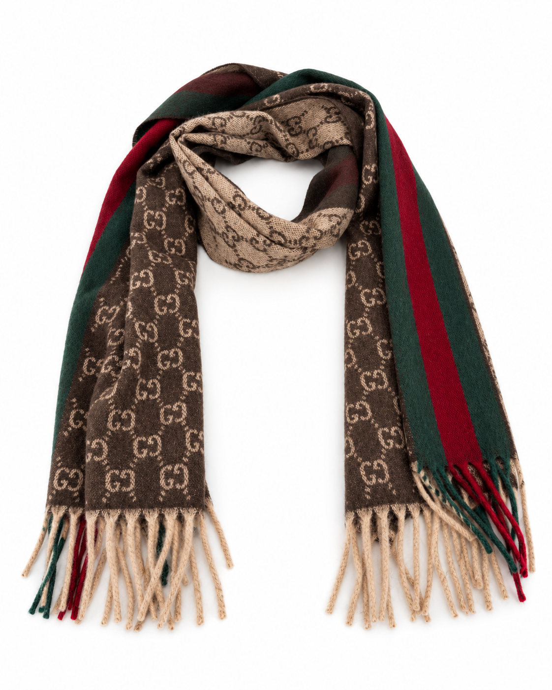 Gucci Schal aus Kaschmir und Wolle in Braun mit GG Monogramm und grün-rotem Webstreifen