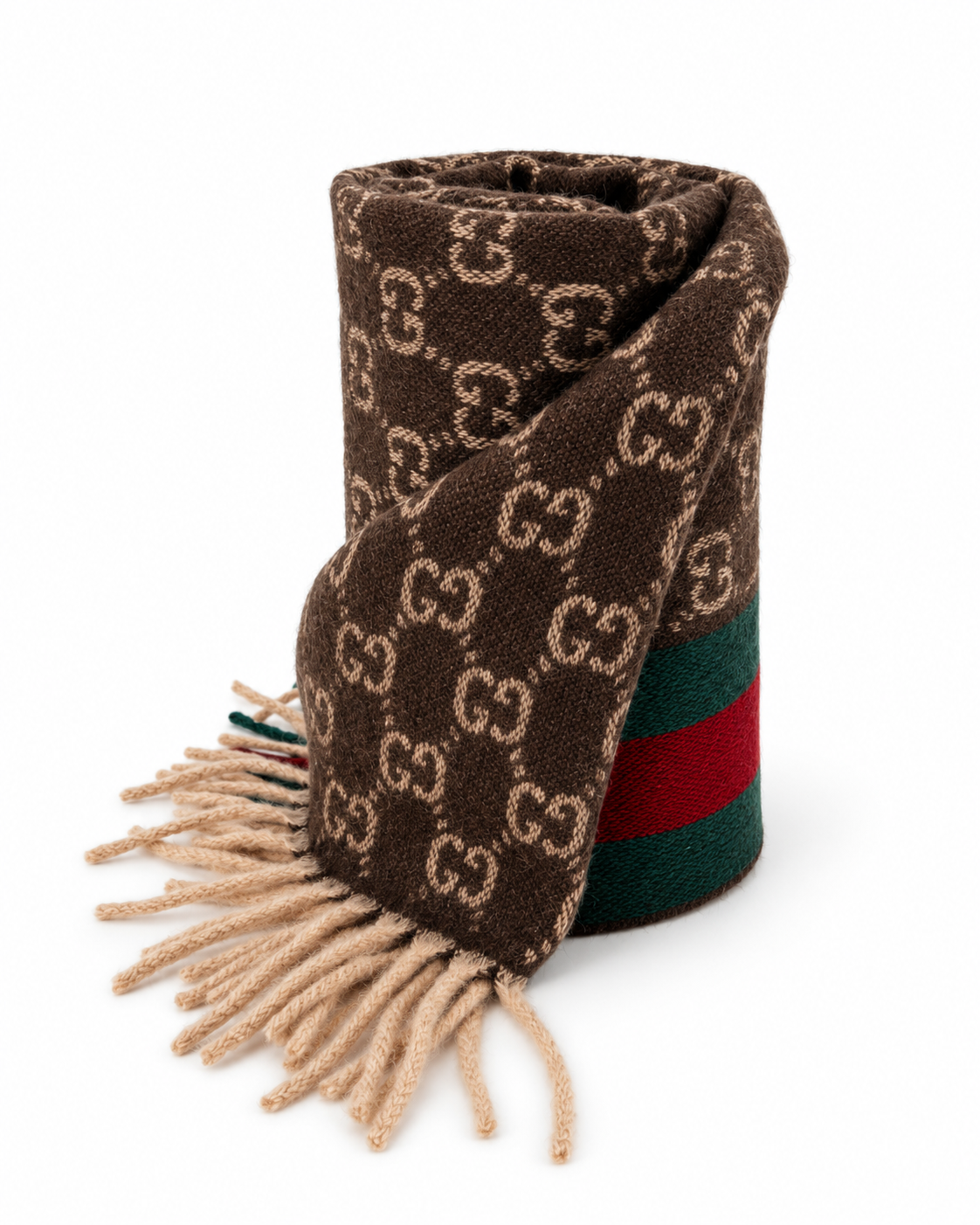 Gucci Schal aus Kaschmir und Wolle in Braun mit GG Monogramm und grün-rotem Webstreifen
