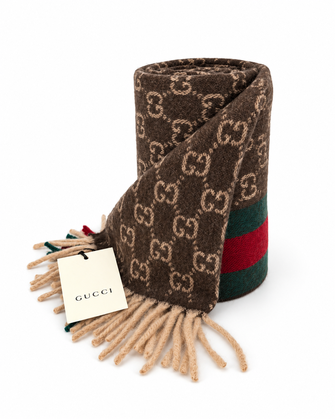 Gucci Schal aus Kaschmir und Wolle in Braun mit GG Monogramm und grün-rotem Webstreifen