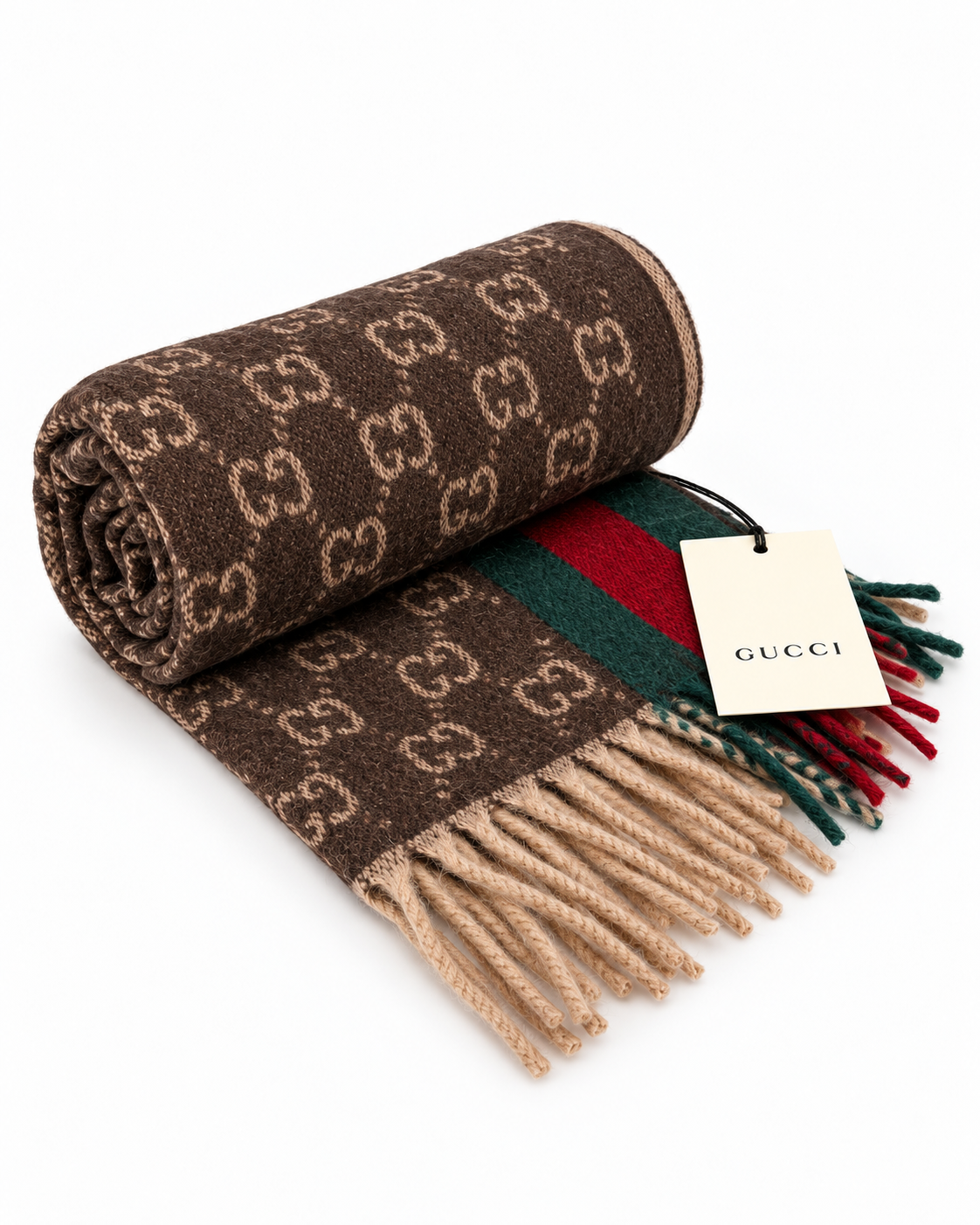 Gucci Schal aus Kaschmir und Wolle in Braun mit GG Monogramm und grün-rotem Webstreifen
