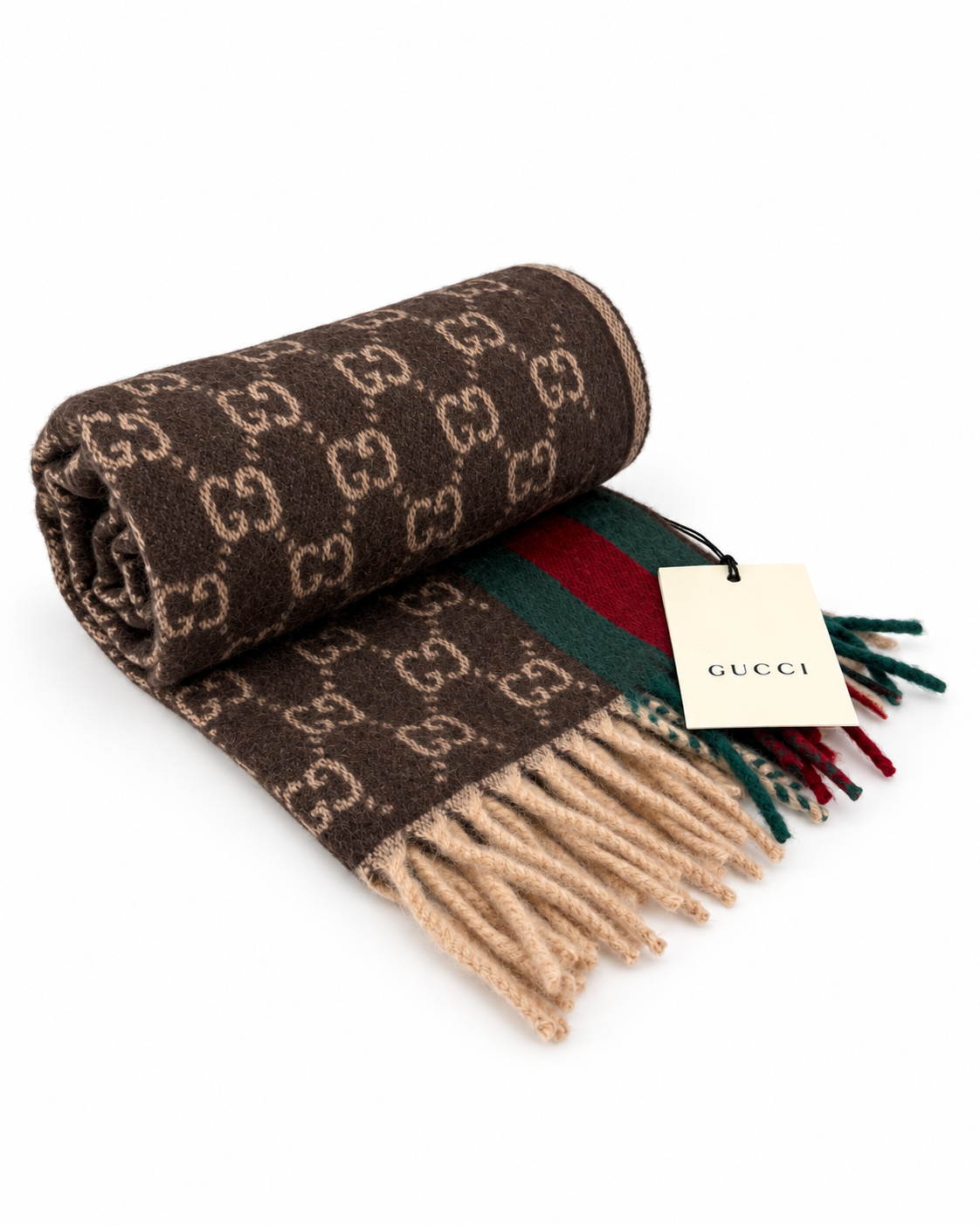 Gucci Schal aus Kaschmir und Wolle in Braun mit GG Monogramm und grün-rotem Webstreifen