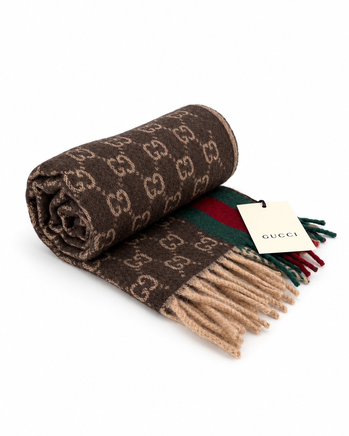 Gucci Schal aus Kaschmir und Wolle in Braun mit GG Monogramm und grün-rotem Webstreifen