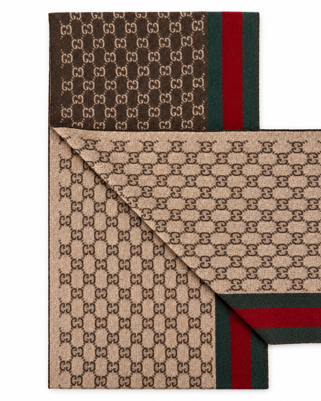 Gucci Schal aus Kaschmir und Wolle in Braun mit GG Monogramm und grün-rotem Webstreifen