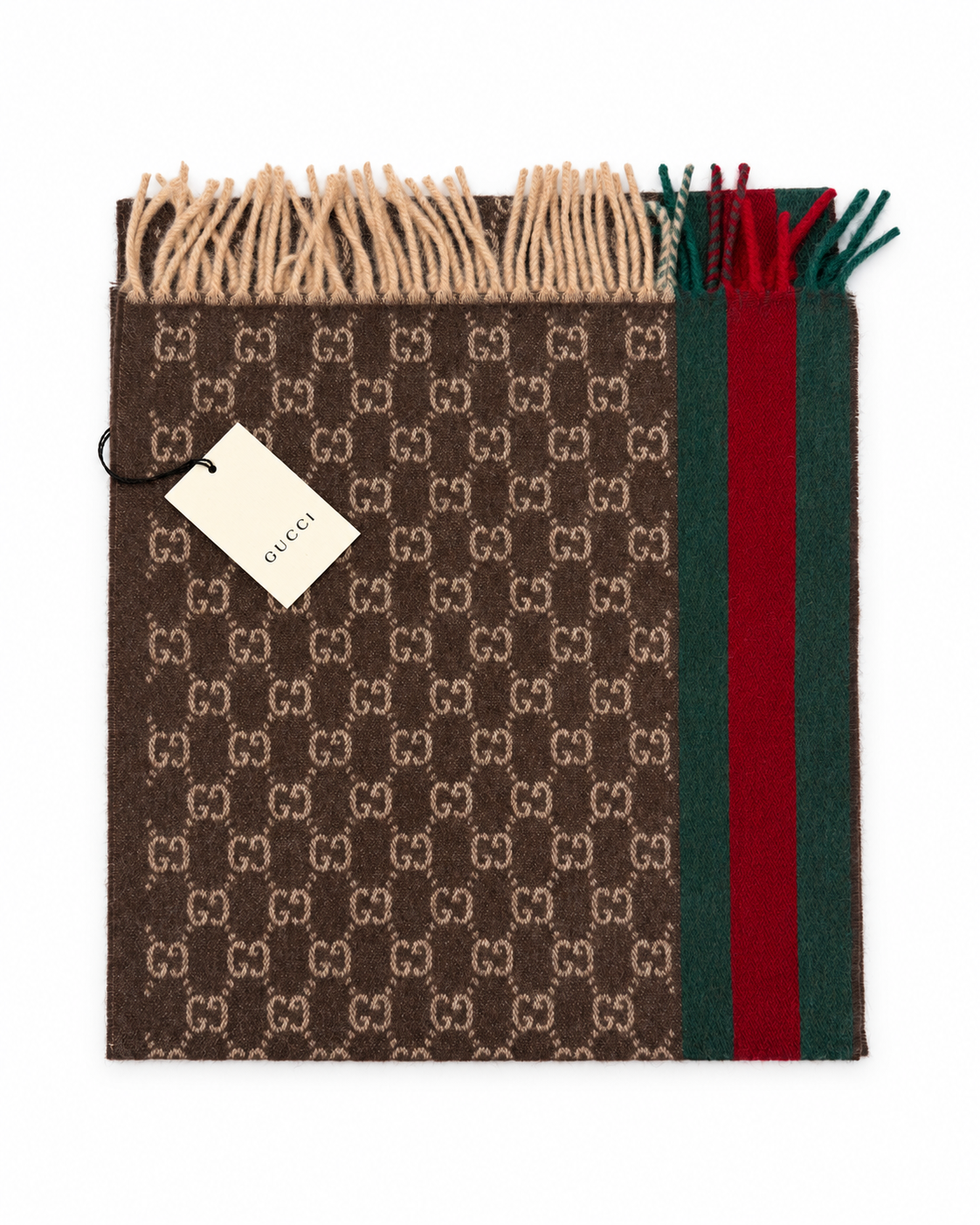 Gucci Schal aus Kaschmir und Wolle in Braun mit GG Monogramm und grün-rotem Webstreifen