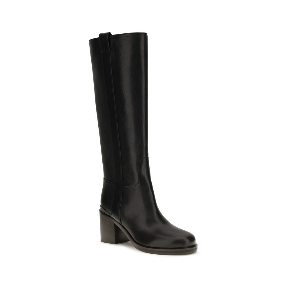 Brunello Cucinelli Schwarze Kalbsleder Bos Taurus High Heel Stiefel