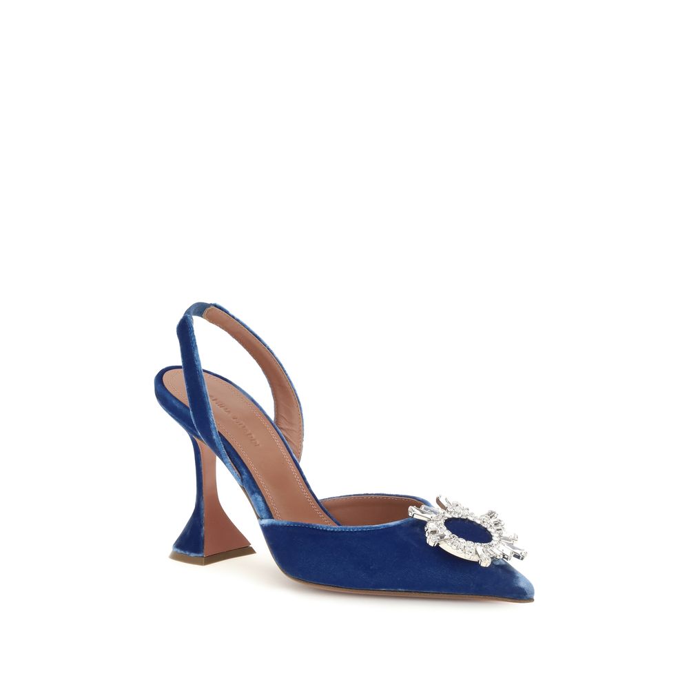 Amina Muaddi Blaue Samt-Sandalen