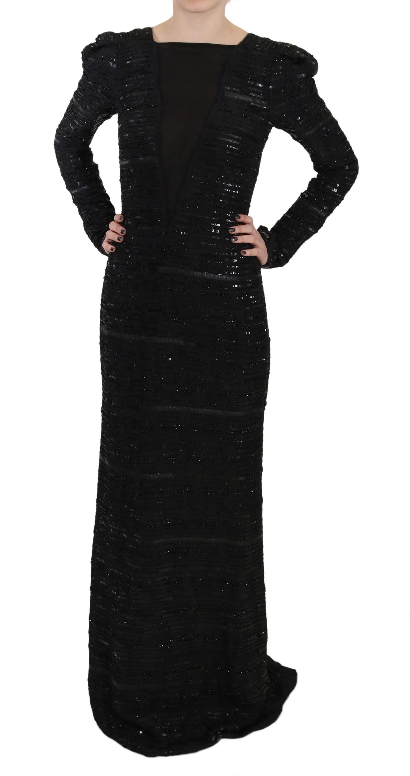 John Richmond Schwarzes Seidenkleid in voller Länge mit Pailletten