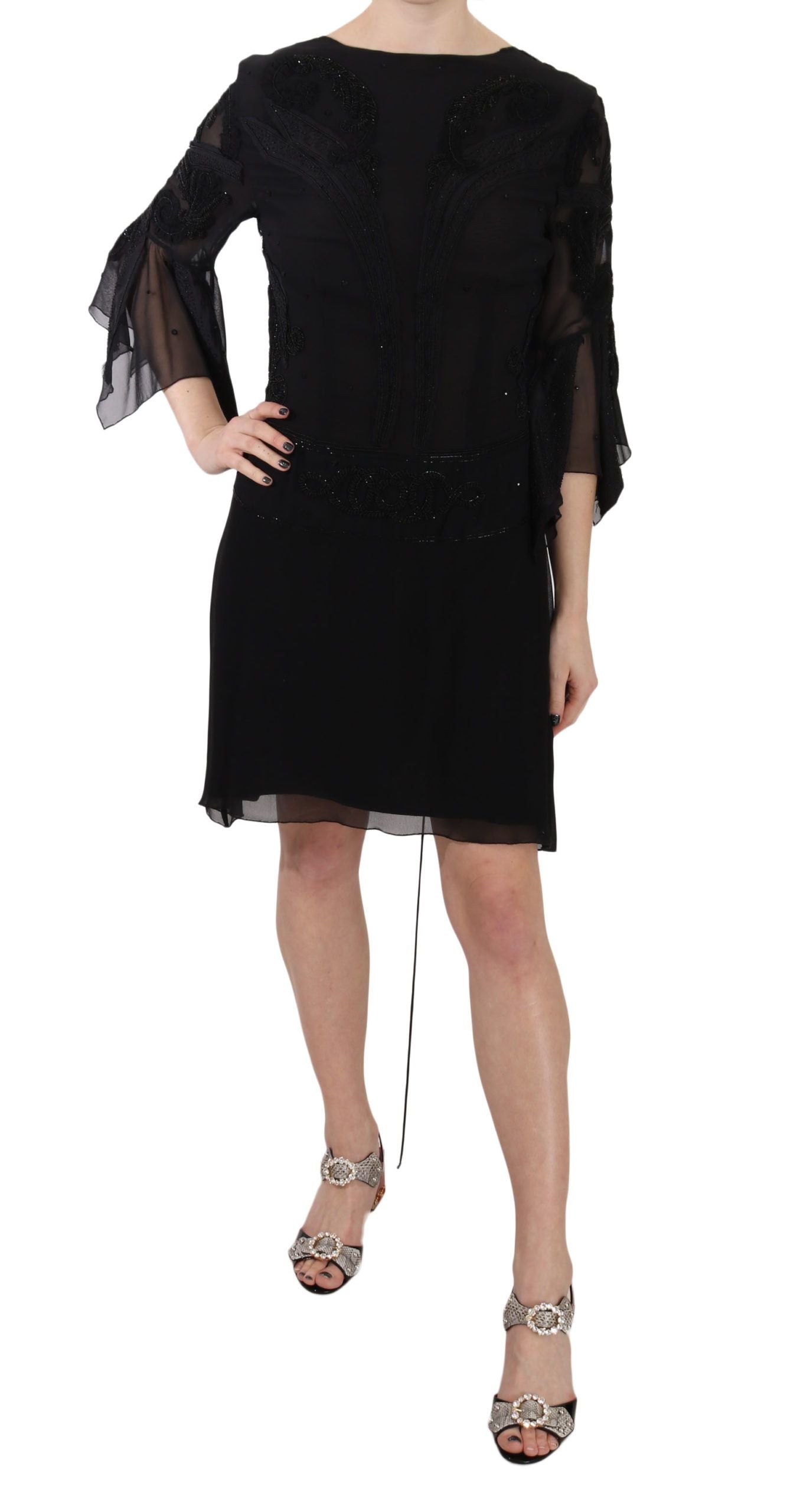 John Richmond Schwarzes Mini-Shiftkleid aus Seide mit Pailletten