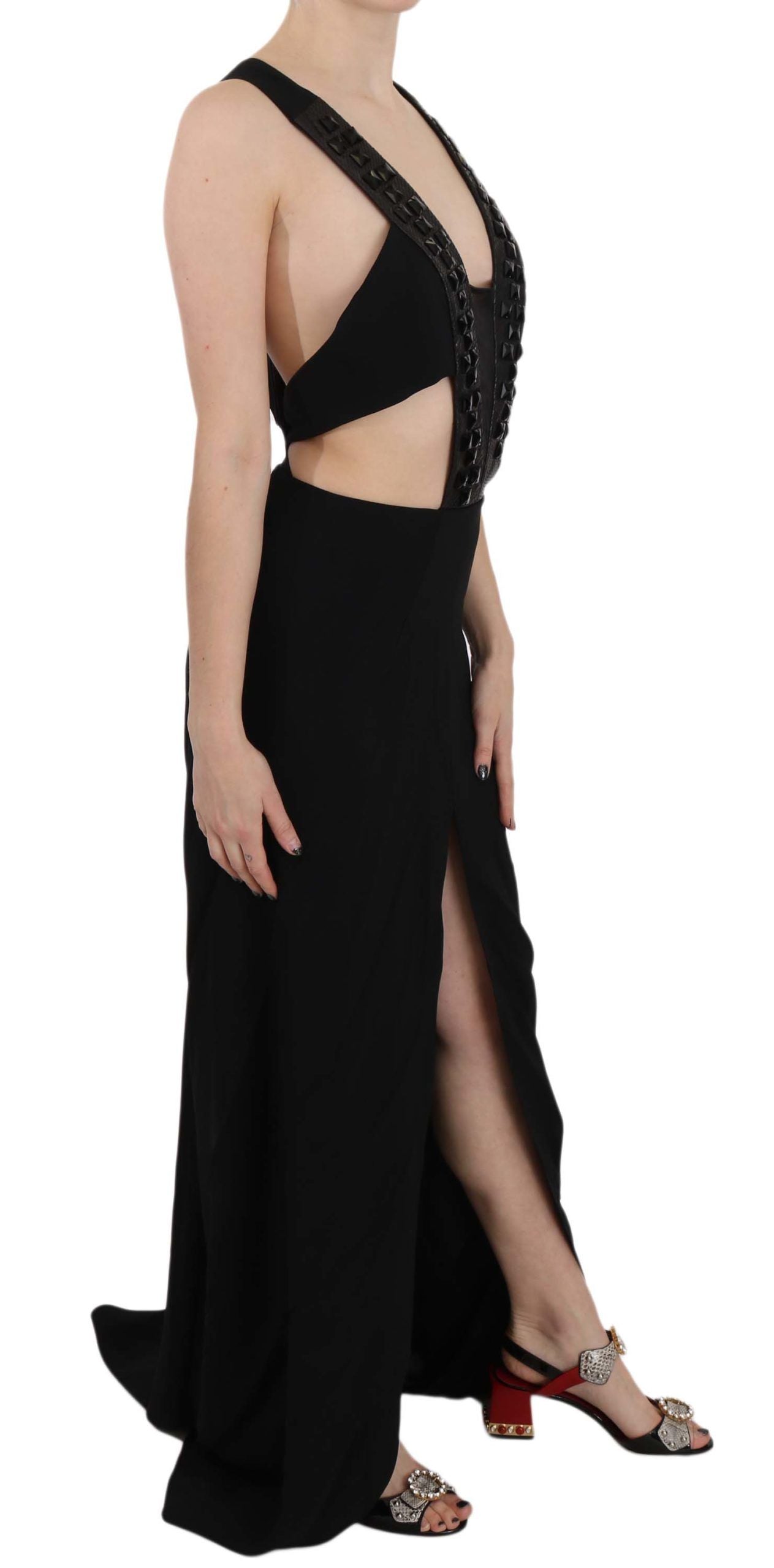 John Richmond Schwarzes Kristall-Lederkleid Flare Dress