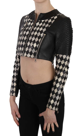 John Richmond Schwarz Weiß Leder Kurzer Cropped Biker Jacke Mantel