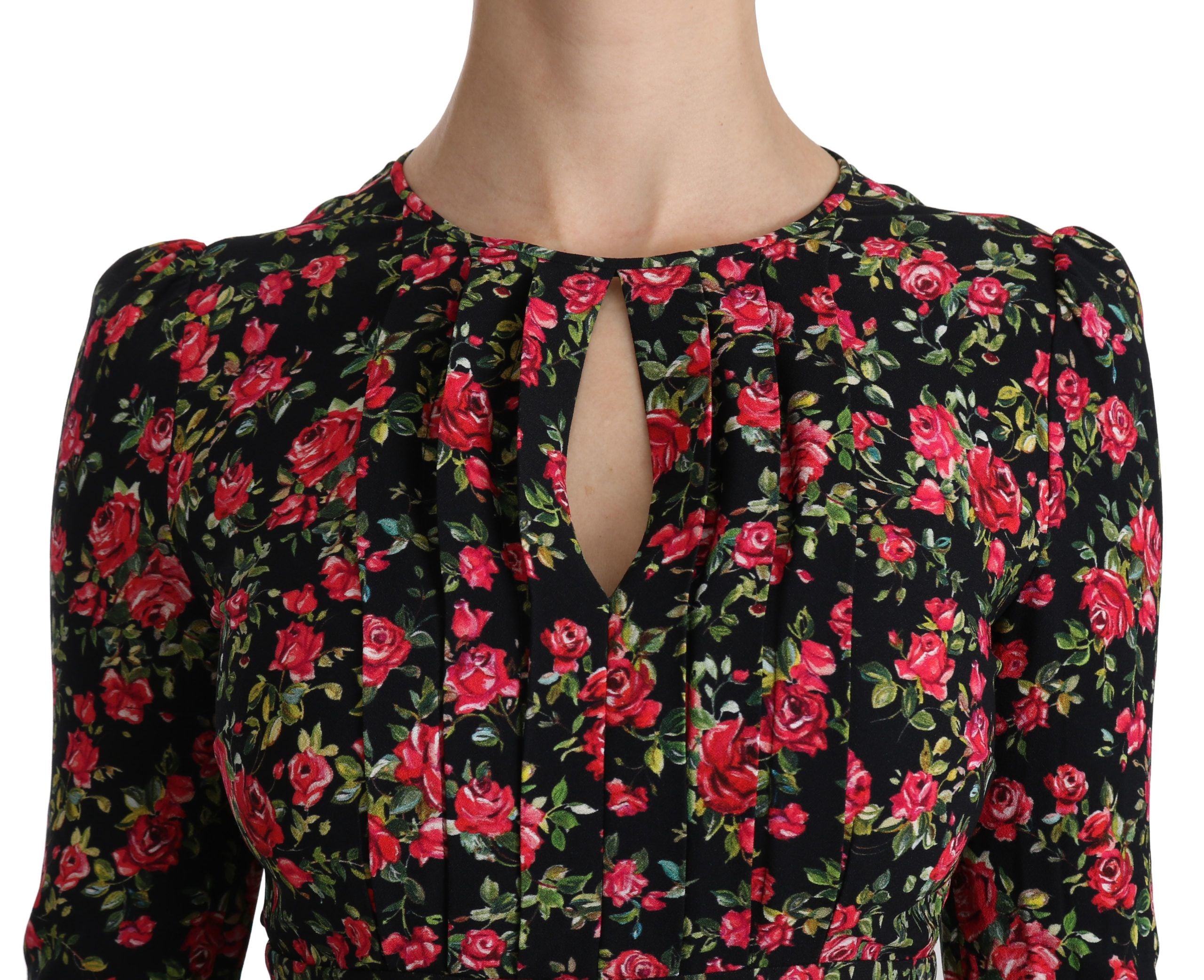 Dolce & Gabbana Schwarzes geblümtes langärmeliges, knielanges Kleid