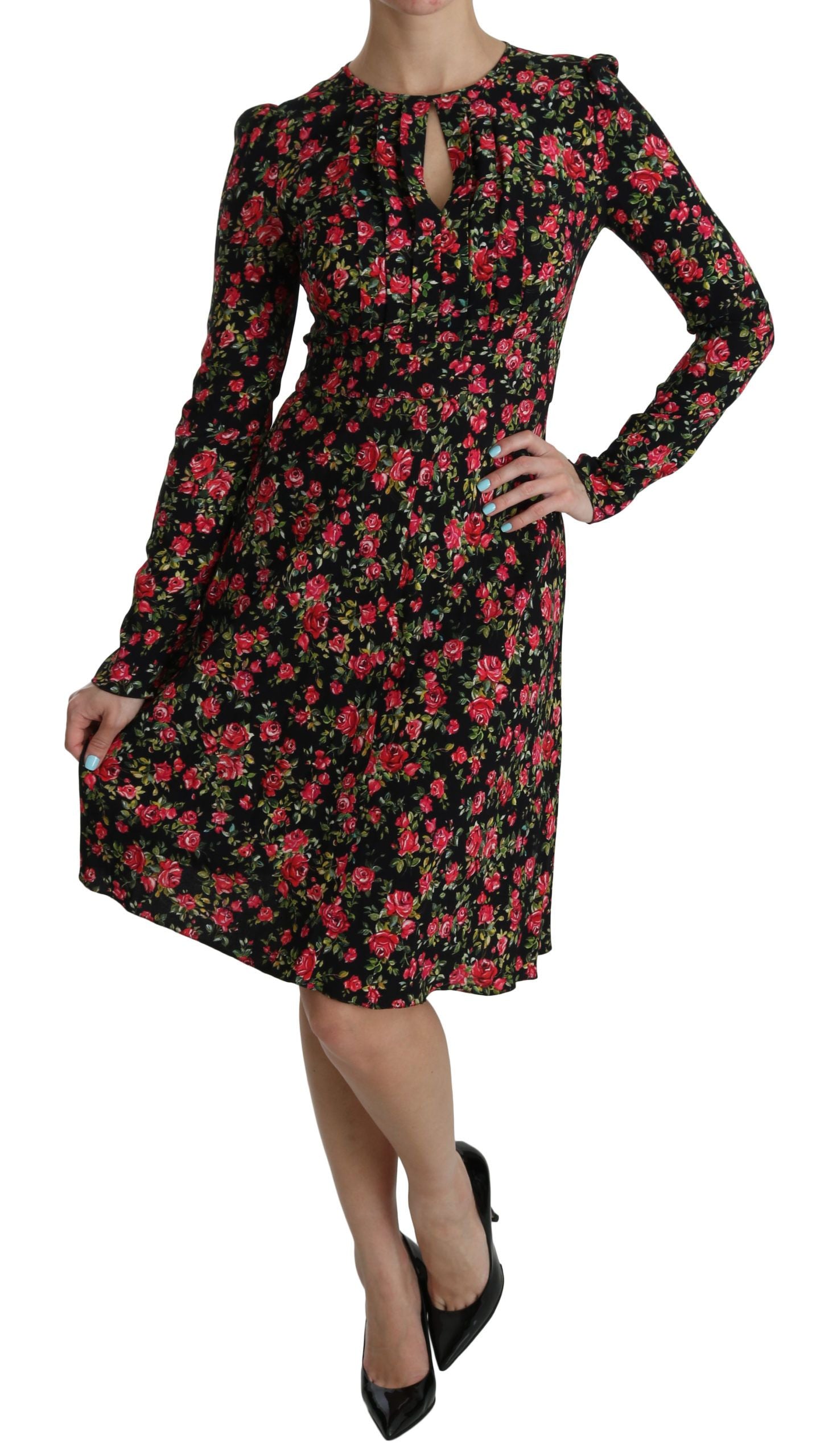 Dolce & Gabbana Schwarzes geblümtes langärmeliges, knielanges Kleid