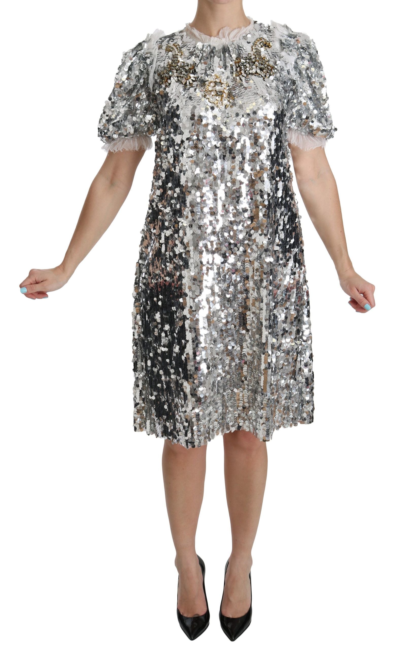 Dolce & Gabbana Silbernes, paillettenbesetztes Kristall-Shift-Kleid