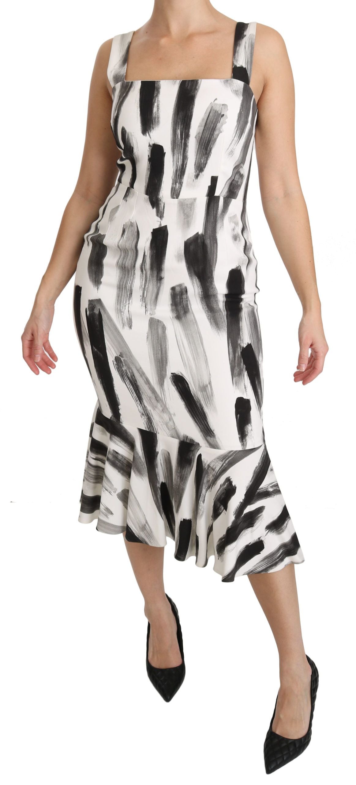Dolce & Gabbana Weißes, schwarzes, bedrucktes Midi-Kleid aus Viskose