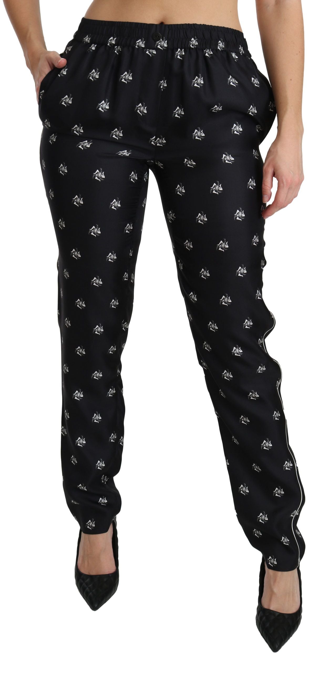 Dolce & Gabbana Schwarze bedruckte Skinny-Hose aus Seide mit mittlerer Taille
