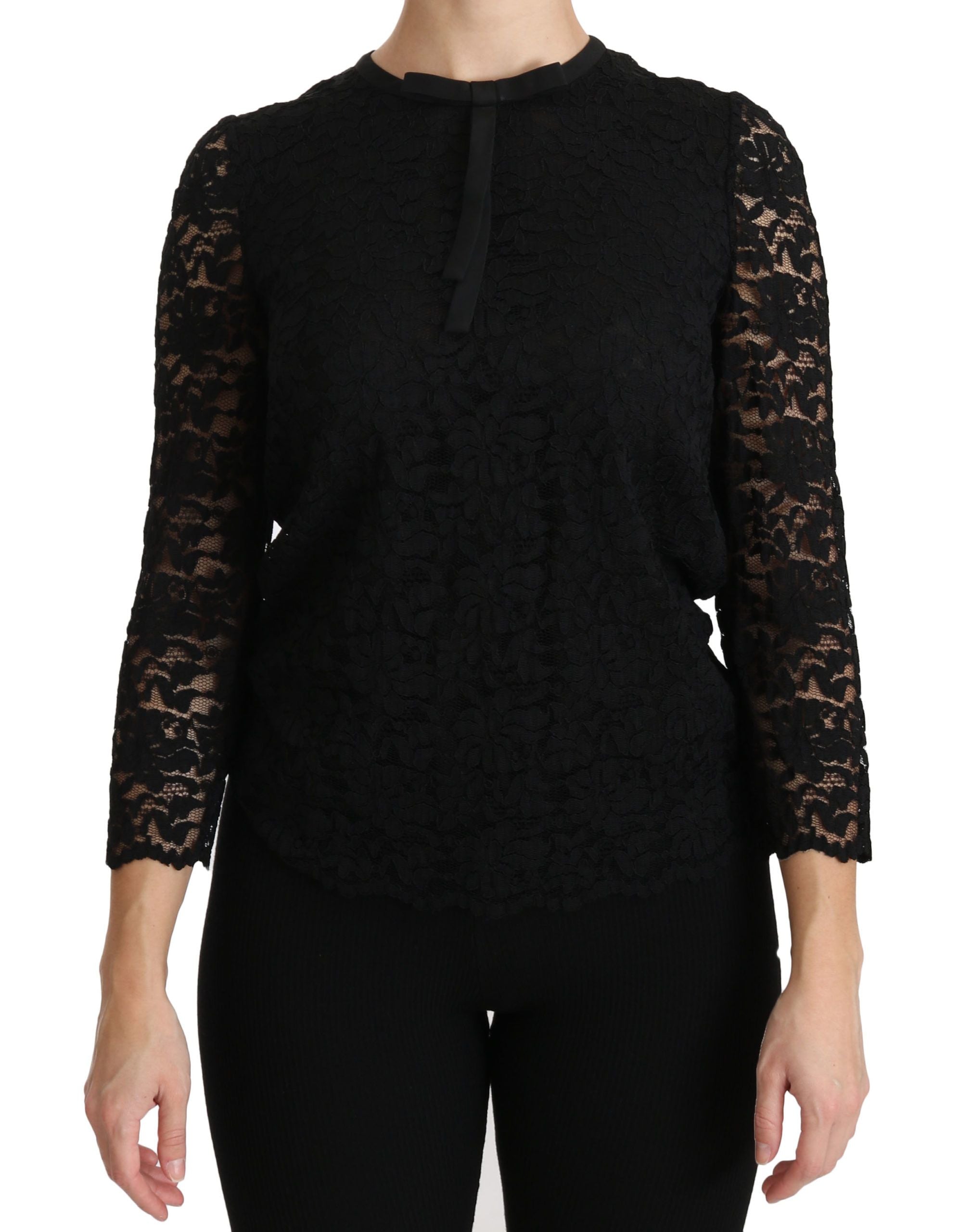 Dolce & Gabbana Schwarze langärmelige Nylonbluse mit Spitze