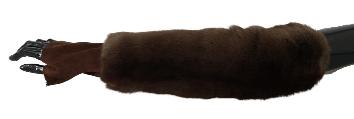 Dolce & Gabbana Braune ellenbogenlange fingerlose Pelzhandschuhe