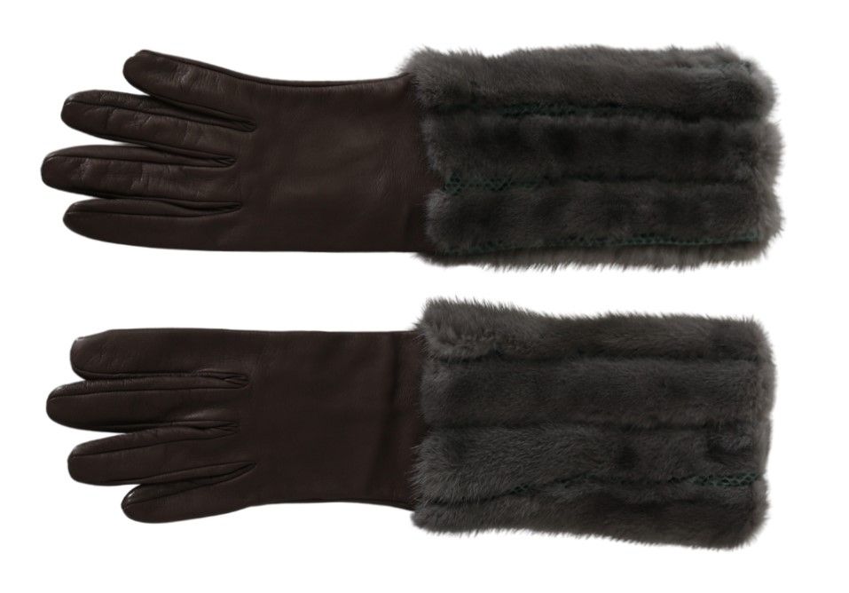 Dolce & Gabbana Braune Leder-Fellhandschuhe mittlerer Armlänge