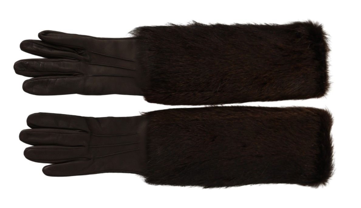 Dolce & Gabbana Braun Ellenbogenlänge Fäustlinge Leder Pelz Handschuhe