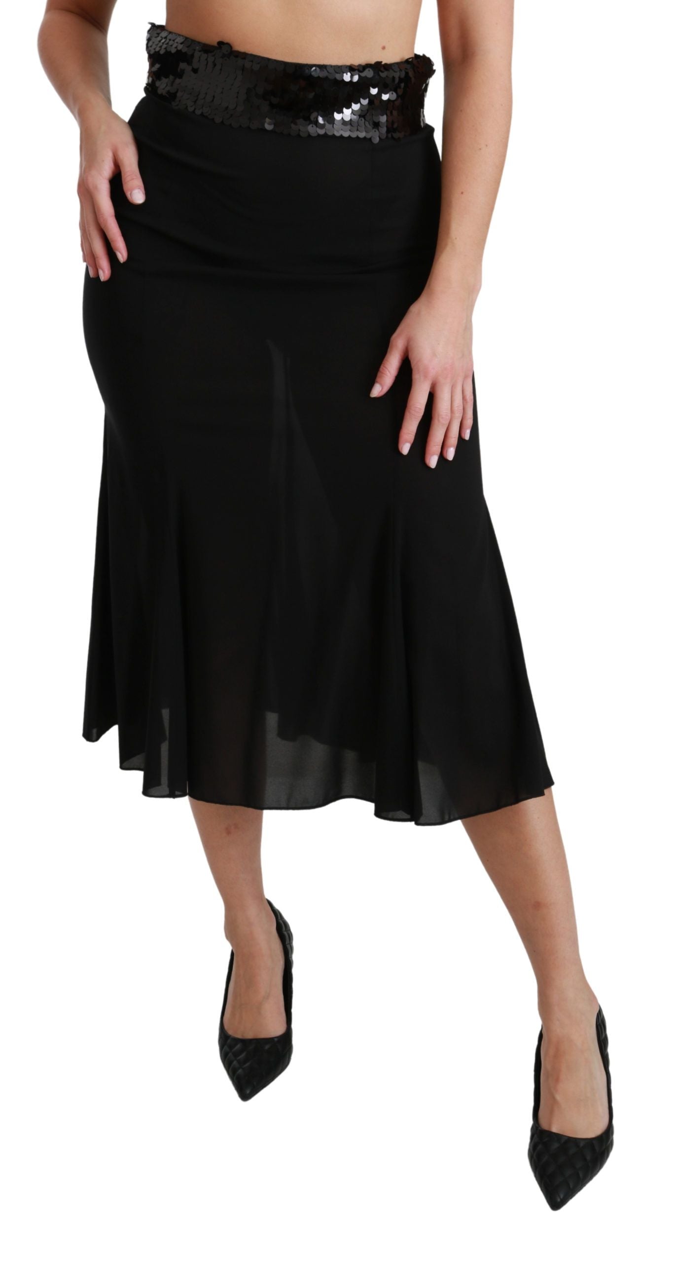 Dolce & Gabbana Schwarzer Midi-Seidenrock mit hoher Taille und Meerjungfrau