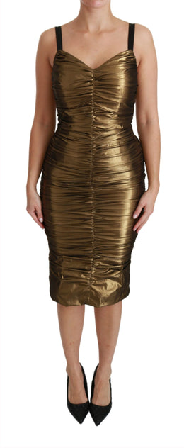 Dolce & Gabbana Gold Metallic Stretch Bodycon Kleid mit Rüschen