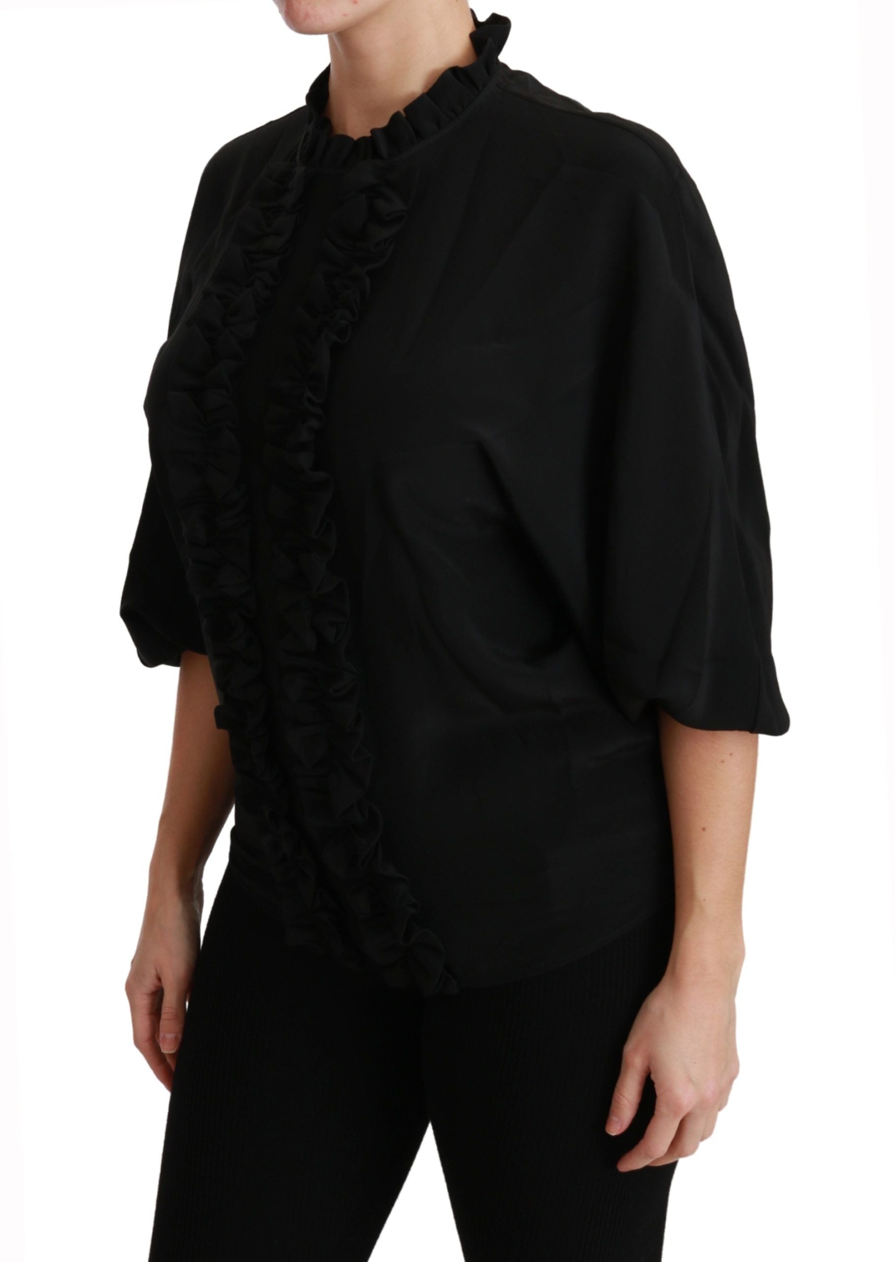 Dolce & Gabbana Schwarzes Seidenhemd Gerafftes Top Bluse