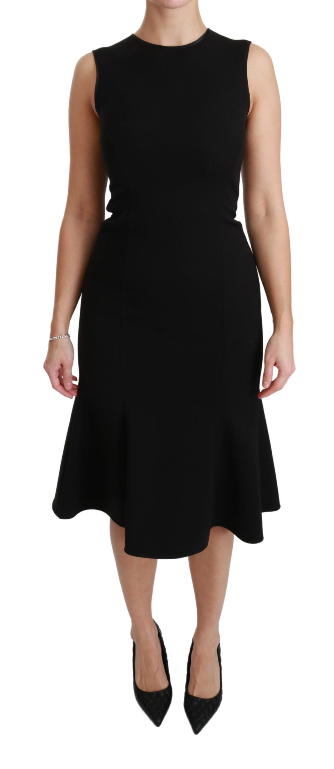 Dolce & Gabbana Schwarzes ausgestelltes Stretch-Scheidenkleid aus Wolle