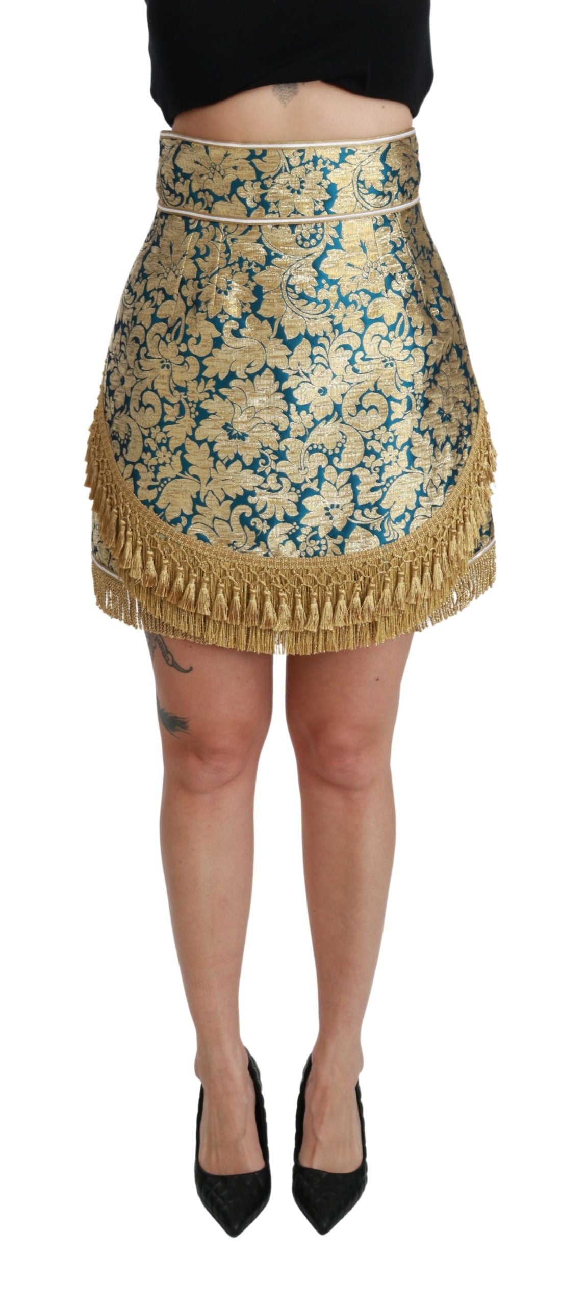 Dolce & Gabbana Blauer Rock mit hoher Taille aus Jacquard und goldener Quaste