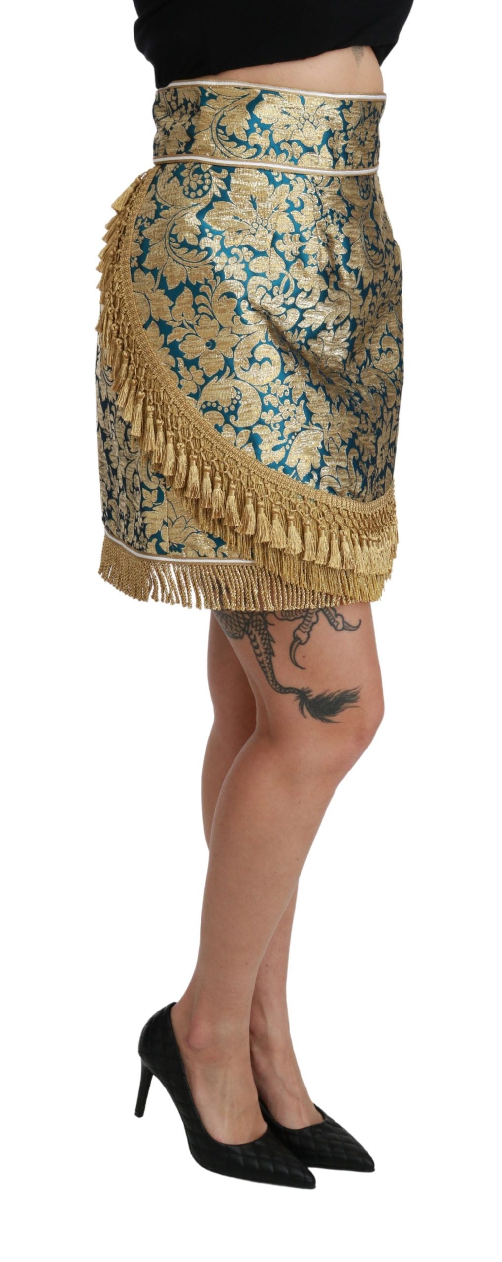 Dolce & Gabbana Blauer Rock mit hoher Taille aus Jacquard und goldener Quaste