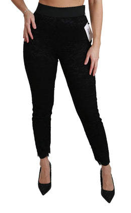 Dolce & Gabbana Schwarze Skinny Hose mit hoher Taille aus Baumwolle mit Spitze
