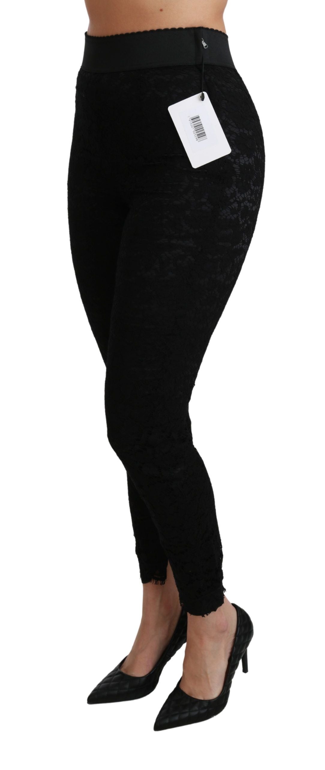 Dolce & Gabbana Schwarze Skinny Hose mit hoher Taille aus Baumwolle mit Spitze