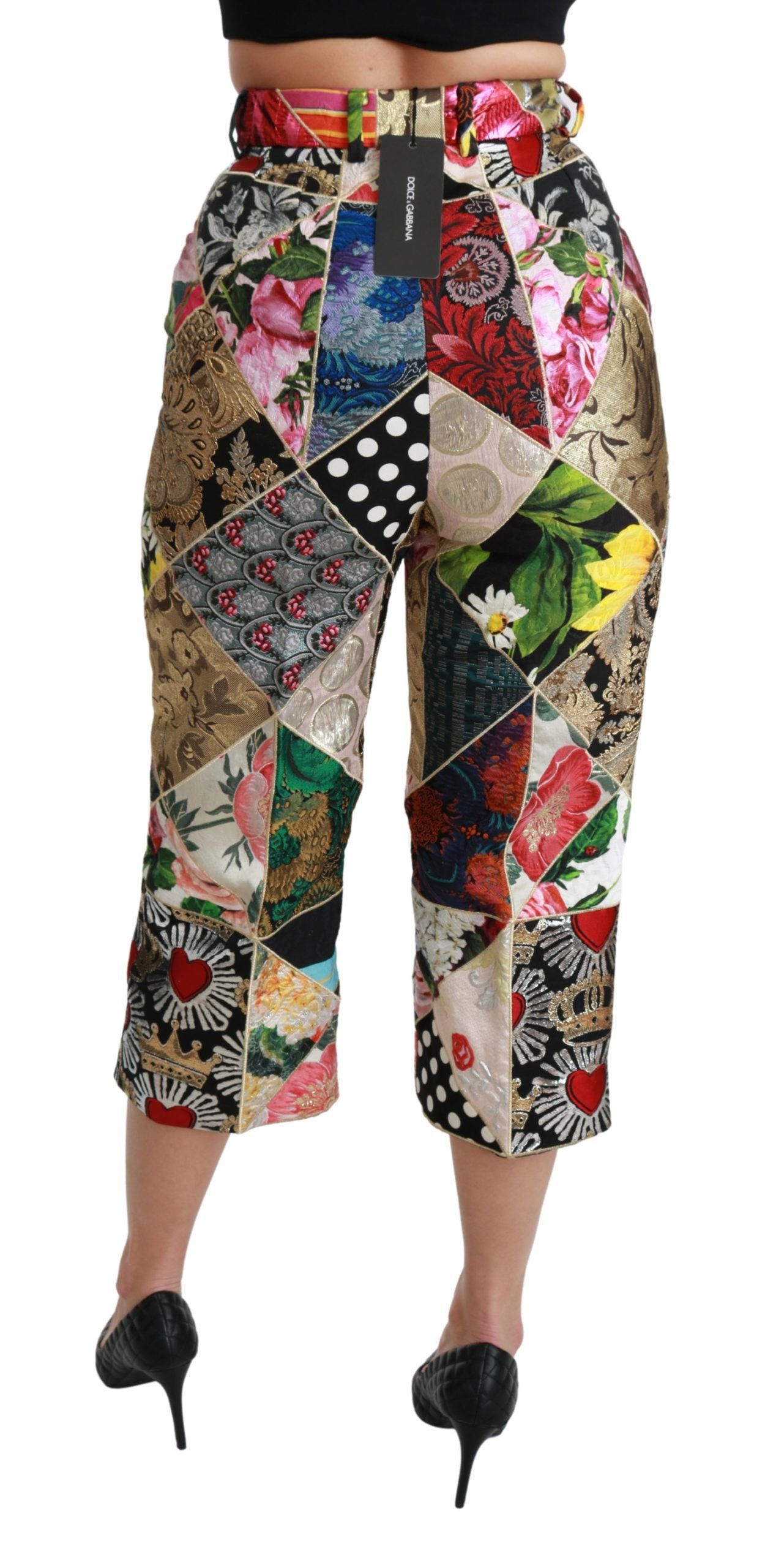 Dolce & Gabbana Mehrfarbig bedruckte Seidenhose mit hoher Taille und verkürzter Hose