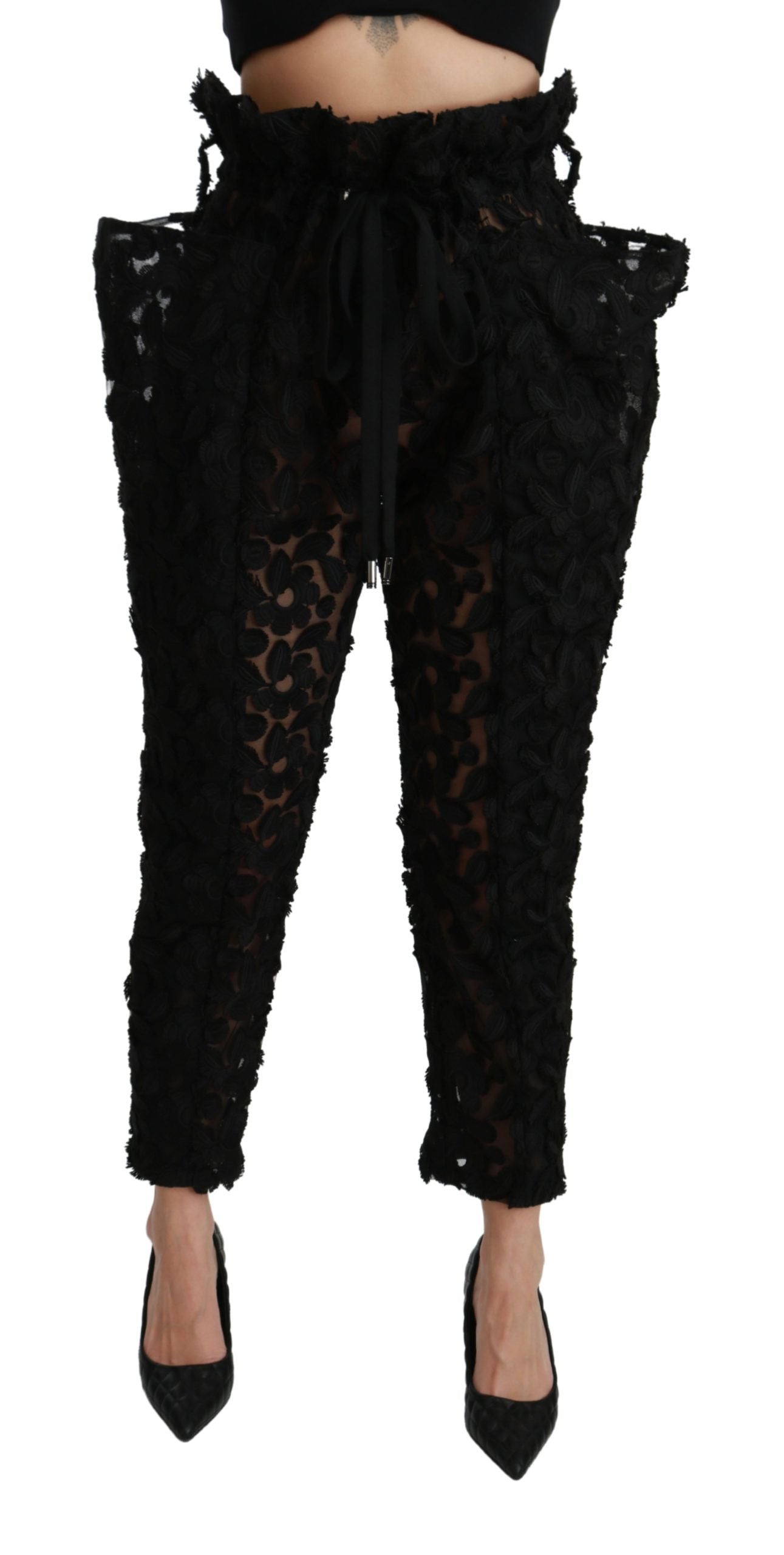 Dolce & Gabbana Schwarze, florale, spitz zulaufende Hose mit hoher Taille