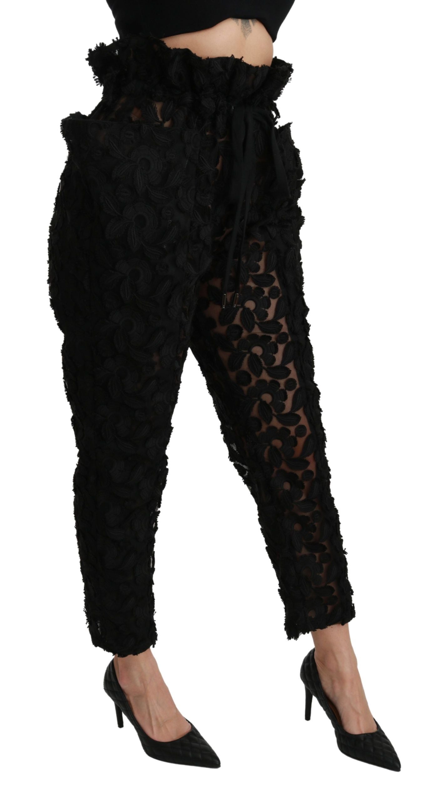 Dolce & Gabbana Schwarze, florale, spitz zulaufende Hose mit hoher Taille
