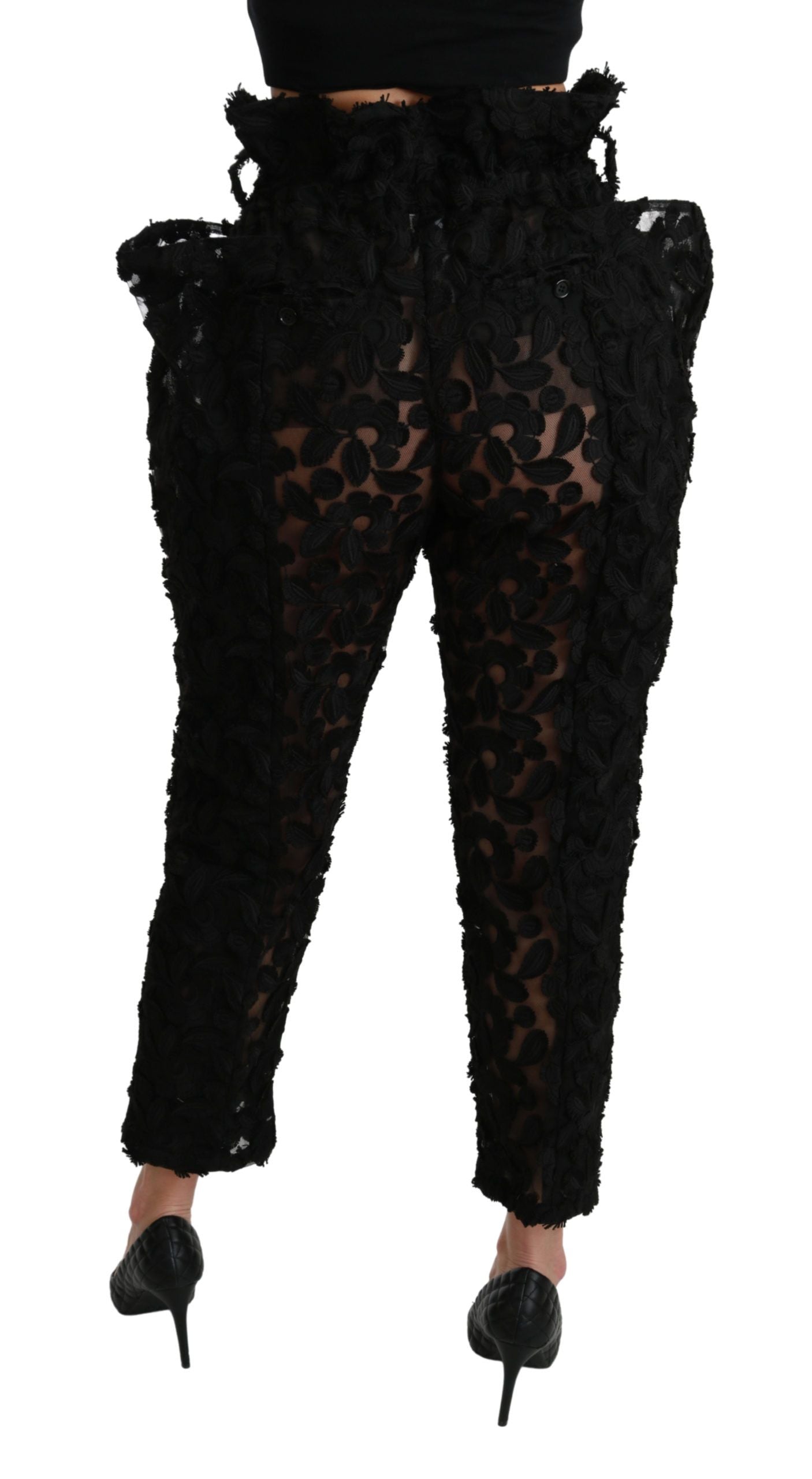 Dolce & Gabbana Schwarze, florale, spitz zulaufende Hose mit hoher Taille