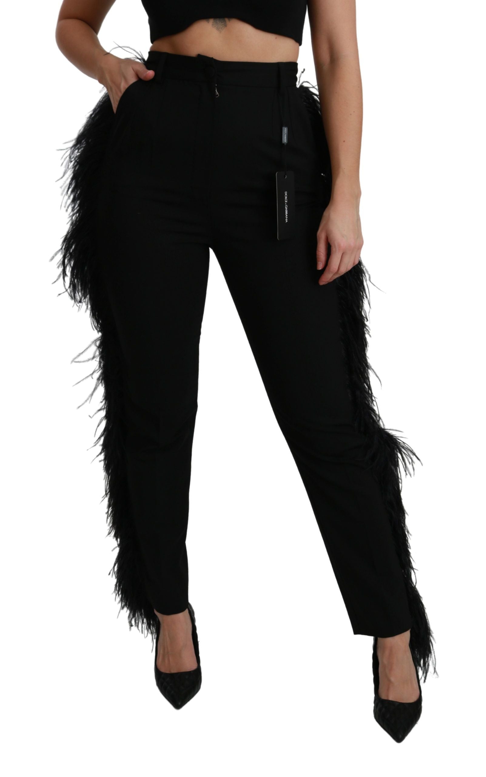 Dolce & Gabbana Schwarze Federhosen mit hoher Taille aus Wolle