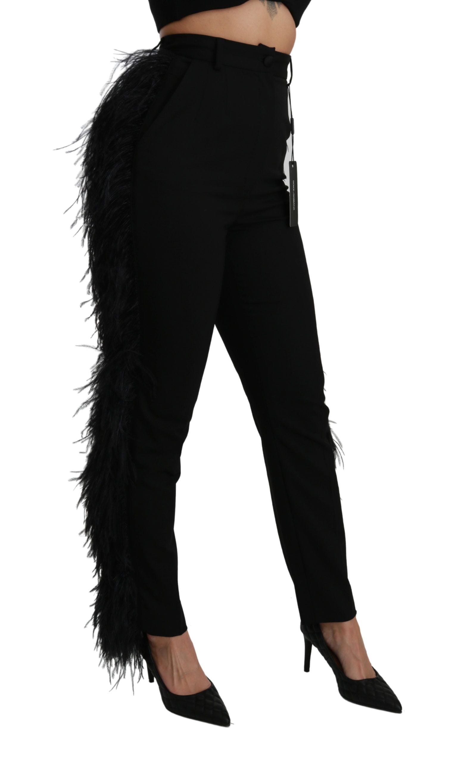 Dolce & Gabbana Schwarze Federhosen mit hoher Taille aus Wolle