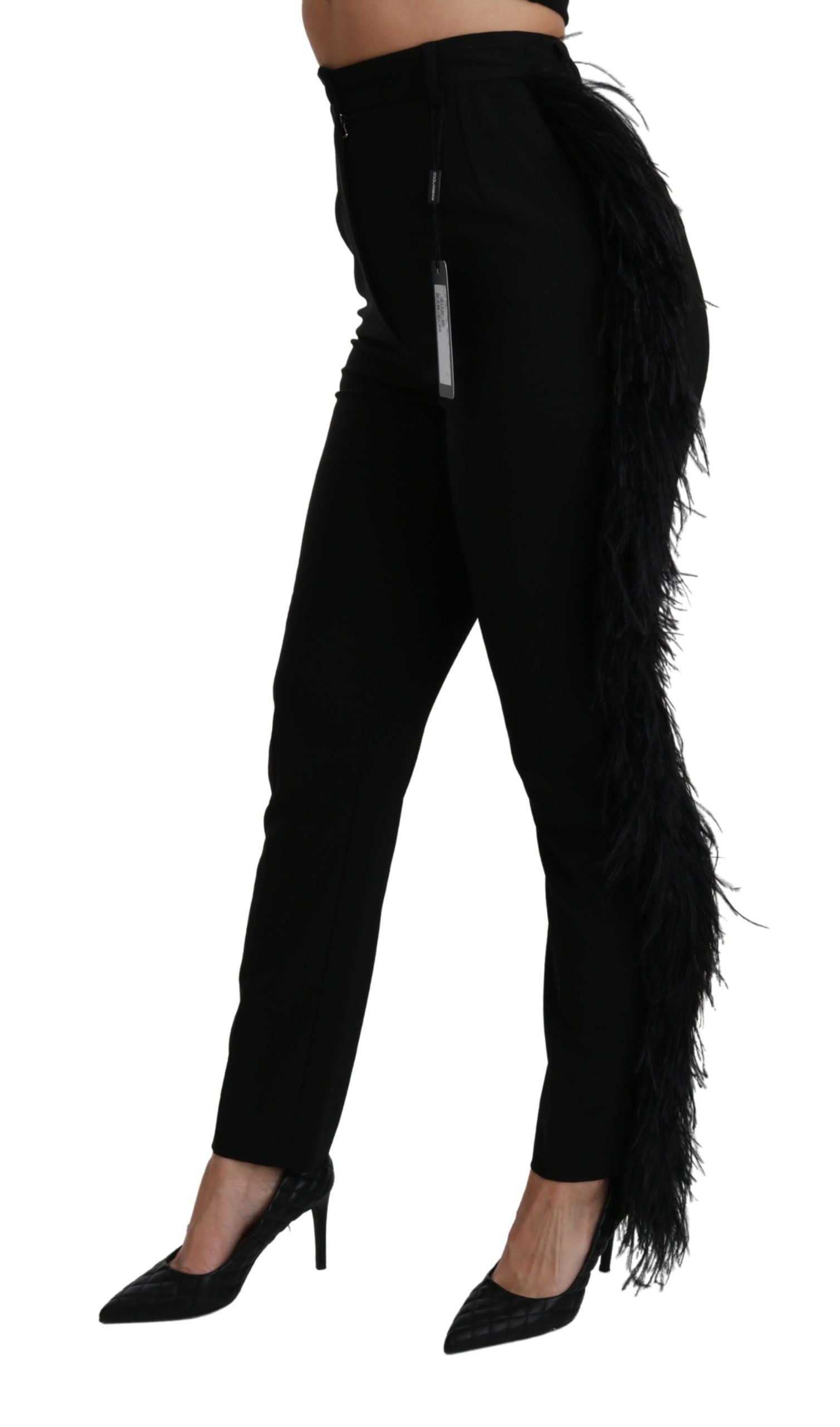 Dolce & Gabbana Schwarze Federhosen mit hoher Taille aus Wolle