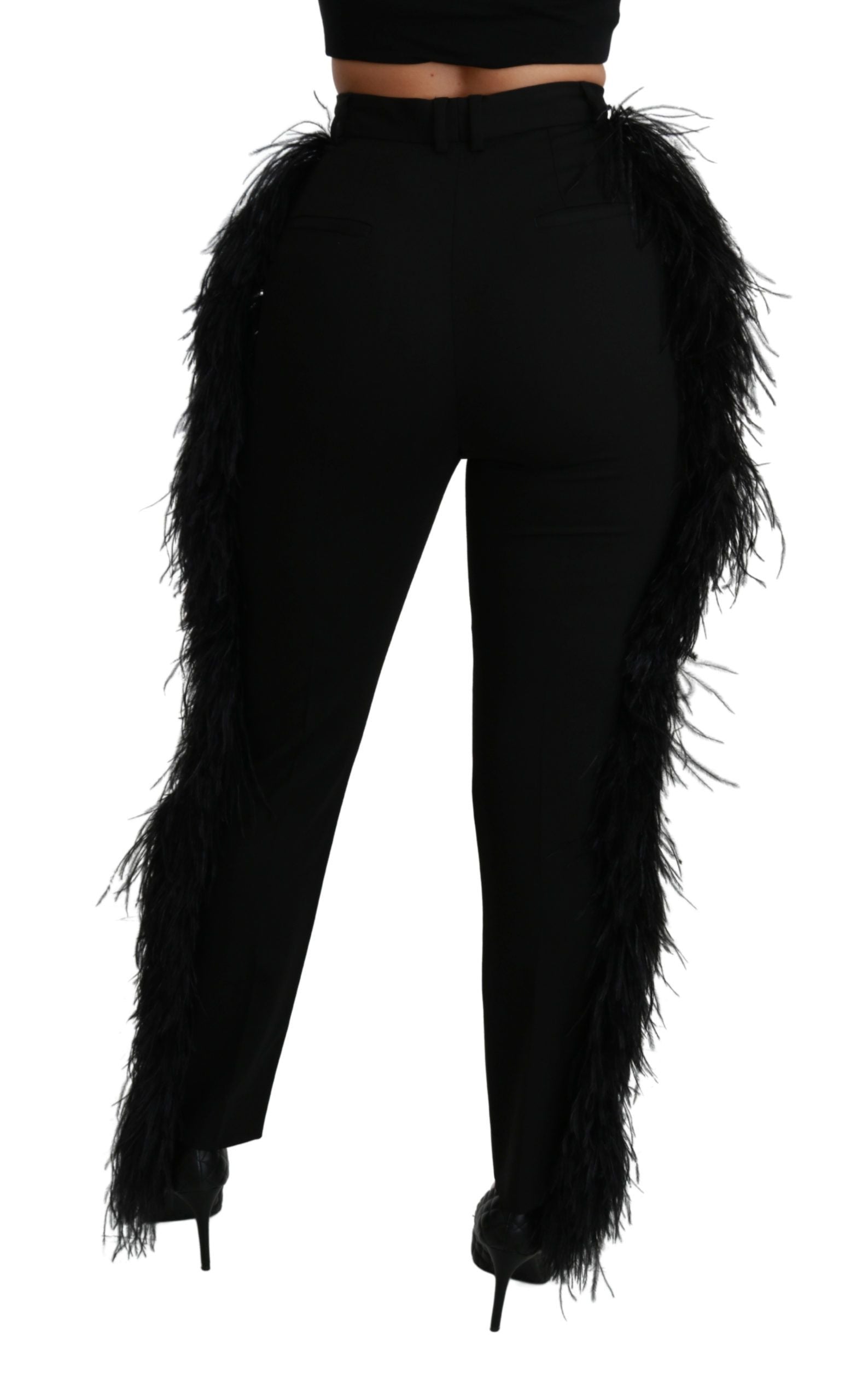 Dolce & Gabbana Schwarze Federhosen mit hoher Taille aus Wolle