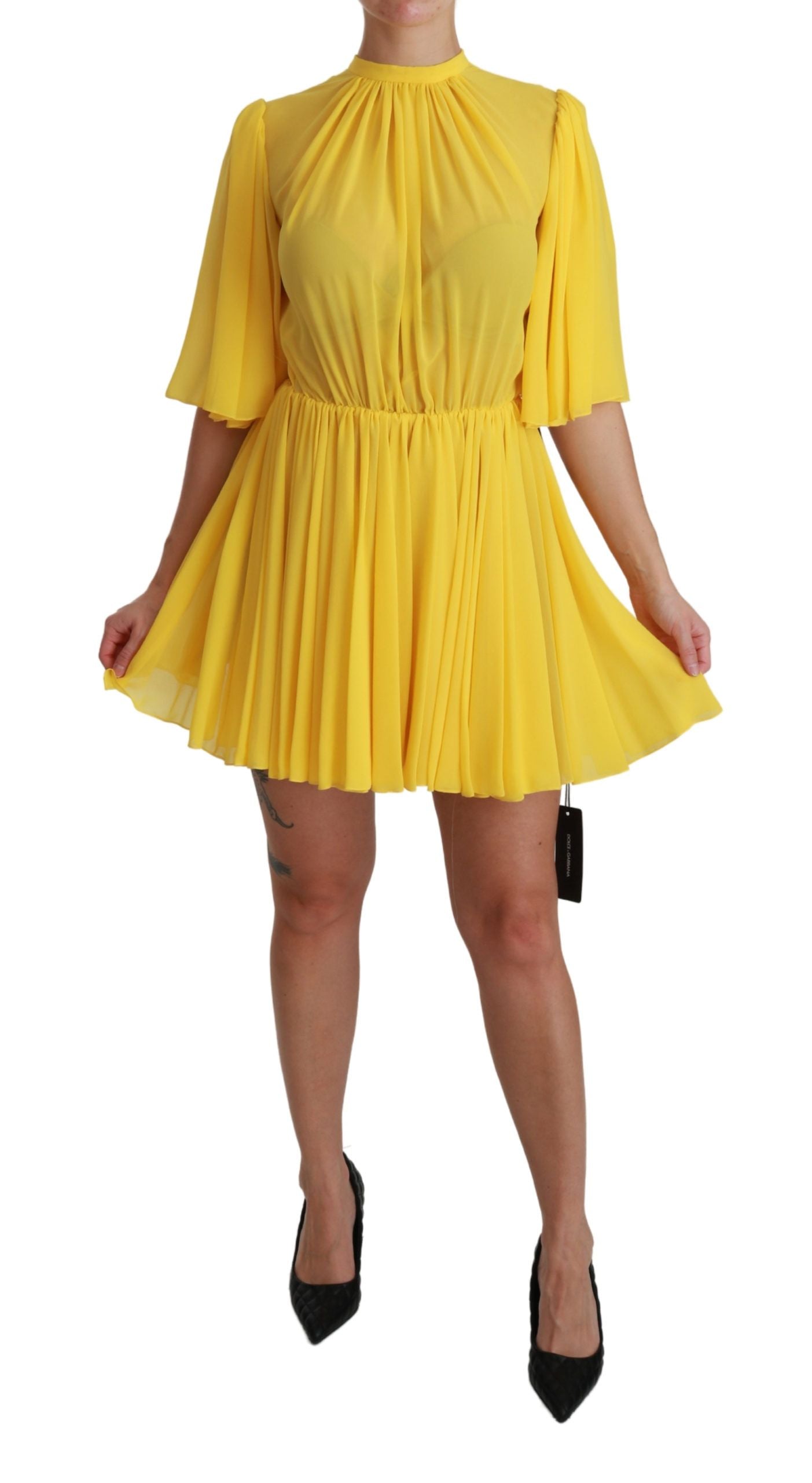 Dolce & Gabbana Gelbes plissiertes Minikleid in A-Linie aus 100% Seide