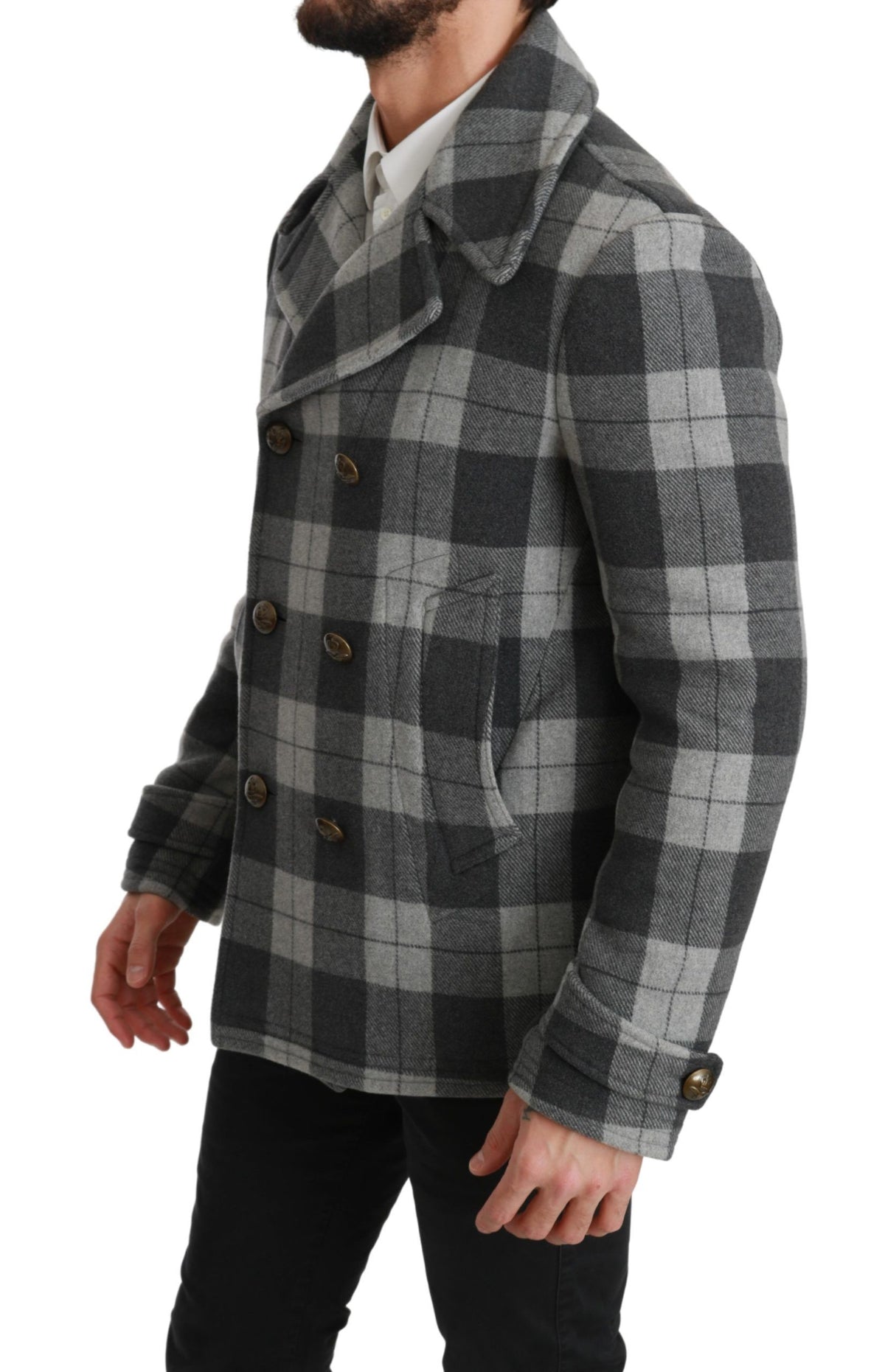 Dolce & Gabbana Grauer karierter Wollkaschmirmantel Jacke