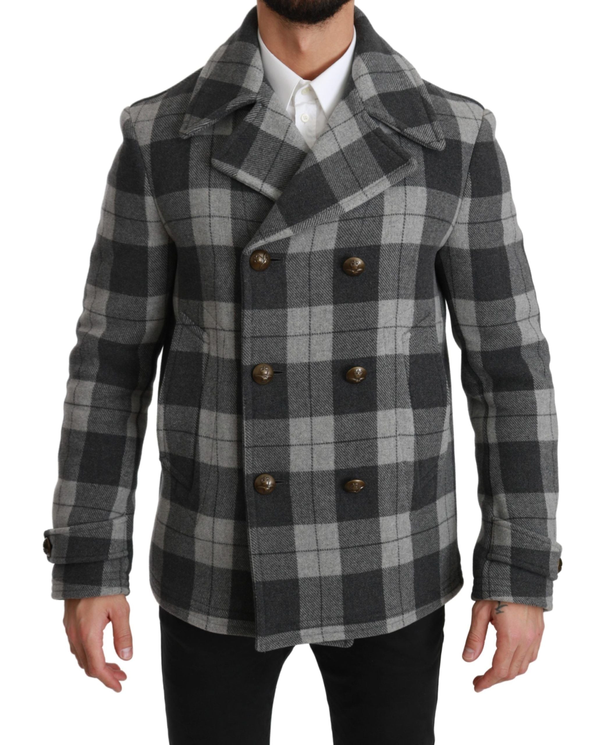 Dolce & Gabbana Grauer karierter Wollkaschmirmantel Jacke