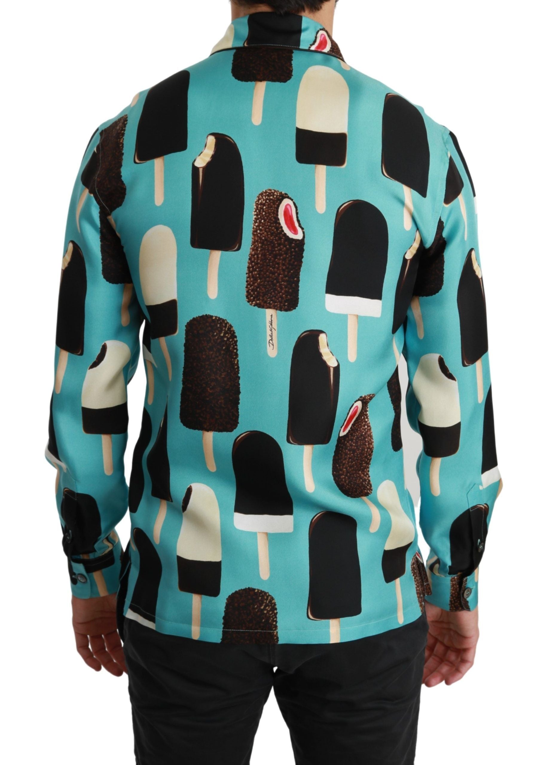 Dolce & Gabbana Blaues Seideneishemd mit Eiscreme-Druck Freizeithemd