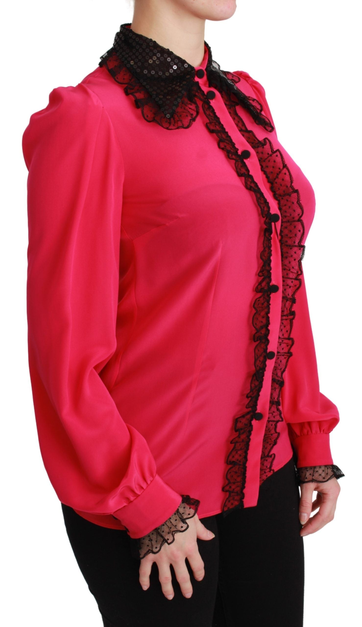 Dolce & Gabbana Rosa Seide Schwarz Pailletten Spitze Hemd Bluse