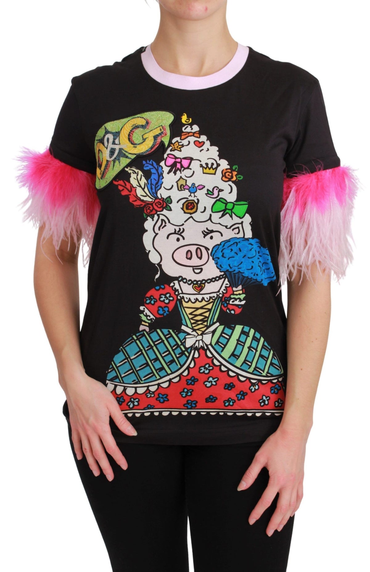 Dolce & Gabbana Schwarzes YEAR OF THE PIG Top Baumwoll-T-Shirt