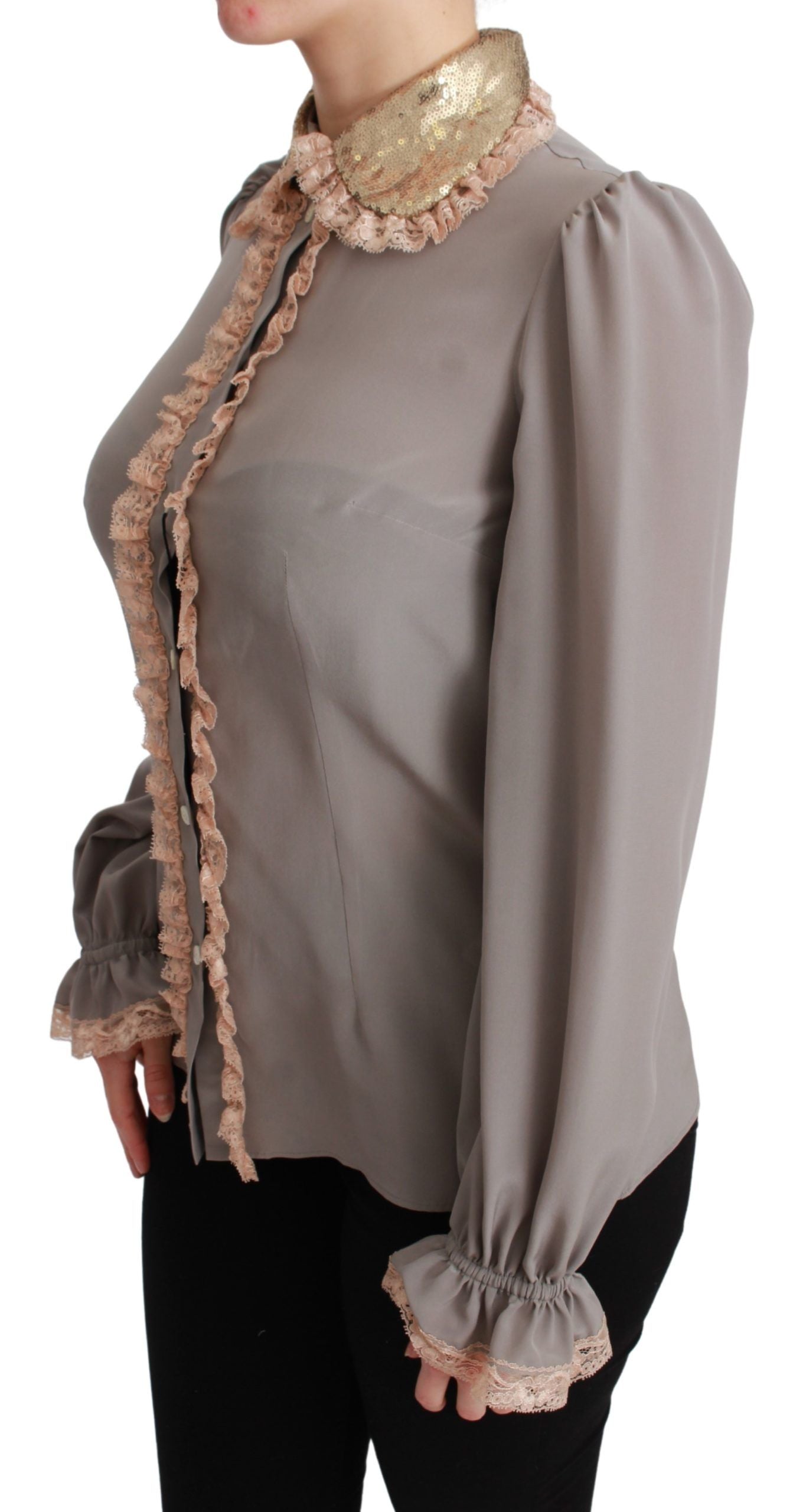 Dolce & Gabbana Graue Seide Gold Pailletten Spitze Bluse Hemd